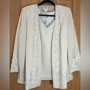 R&M Richards Cream Ribbon Embellished and Beaded Pants Set